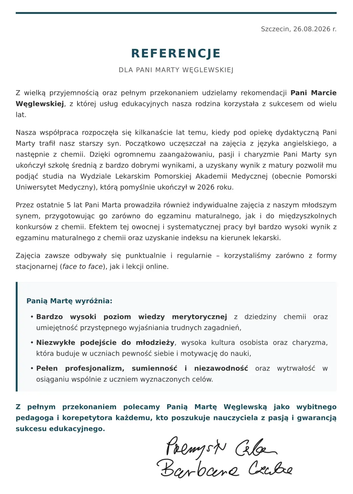 referencje dla marty węglewskiej